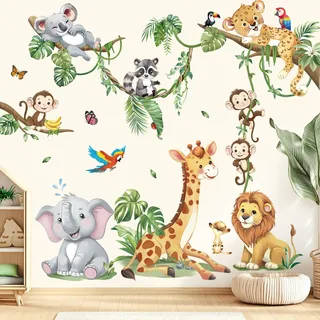 decalmile Wandsticker Safari Tiere Baum Zweig Wandtattoo Dschungel Tiere Giraffe Elefant Löwe Affen Reben Wandaufkleber Kinderzimmer Babyzimmer Schlafzimmer Wanddeko