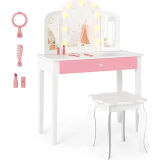 COSTWAY Kinderschminktisch mit Stuhl & beleuchtetem Spiegel, Mädchen-Schreibtisch mit Schublade, Kippschutz, Schminktisch für 3-12 Jahre, weiß - Weiß