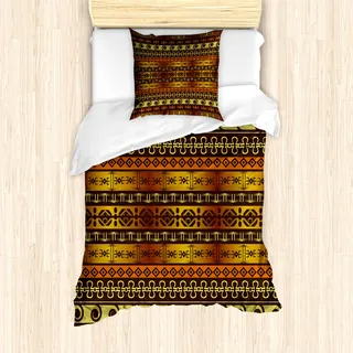 ABAKUHAUS Primitive Mantele, Geometrische Indigene Kunst, Milbensicher Allergiker geeignet mit Kissenbezügen, 135 cm x 200 cm - 80 x 80 cm, Braun, Gelb, blasse Orange - Braun