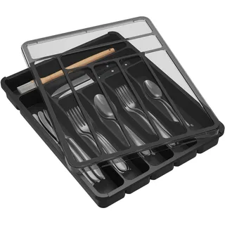 Lifewit Besteckkasten mit Deckel, Besteckaufbewahrung für Küchenschublade und Arbeitsplatte, Besteckkasten aus Kunststoff für Löffel, Gabeln, Messer, Einsatz, 7 Fächer, 36,6 x 29 cm, Schwarz