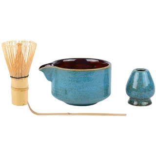 CZCMYAU Matcha Schneebesen Set - 4 Stück Traditionelle Japanische Teezeremonie mit Schale, Bambus Schaufel, Schneebesen und Halter (Blau)