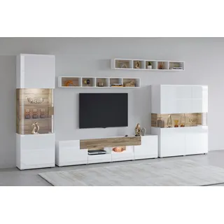 INOSIGN »Toledo,Breite 391cm stilvolle Mediawand ohne Beleuchtung«, (Set, 5 St.), Anbauwand(Vitrine,Lowboard,Highboard,2xHängeregal)MDF Hochglanzfronten