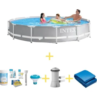 Intex Prism Frame Pool - 366 x 76 cm - Inklusive WAYS Wartungspaket, Filterpumpe & Bodenplane - Grau