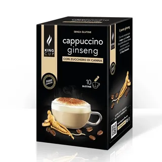 King Cup - 1 Packung mit 10 Ginseng Cappuccino mit Zuckerrohr Lösliche Beutel, 10 Sticks von 10 Gr für Ginseng Getränk, zu Heißem 60 ml Wasser Geben, Glutenfrei