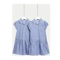 Girls M&S Collection 2pk Girls' Cotton Plus Fit School Dresses (4-14 Yrs) - Mid Blue, Mid Blue - 6-7 Y