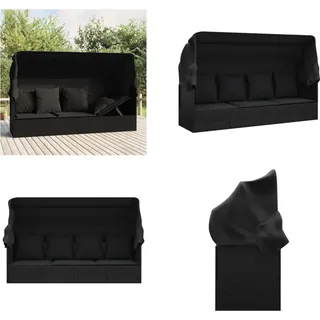 vidaXL Outdoor Loungebett mit Dach und Kissen Schwarz Poly Rattan - Outdoor Loungebett - Outdoor Loungebetten - Gartenmöbel - Terrassenmöbel - Schwarz