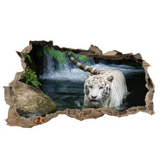 3D Wandtattoo Mauerloch Wandsticker Wandaufkleber Durchbruch Tiere selbstklebend H 60 x B 100 Schlafzimmer Wohnzimmer (WL32 Tiger Weiß)