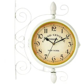 Tuzsocr Doppelseitige Bahnhofsuhr Wanduhr, Vintage, Eisen, Weiß | Zeit von beiden Seiten ablesbar, arabische Ziffern sorgen für gute Lesbarkeit, ideal für Flur, Garten oder Wohnzimmer