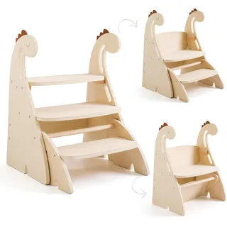 Promise Babe Lernturm Montessori 3 Stufe Holz Tritthocker Für Kinder,Dinosaurier Faltbarer Lernturm Gegen Wand Schrank Höhenverstellbar Kinderstuhl Holz Lernturm Klappbar Tritthocker Montessori Möbel