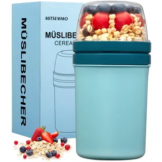 Müslibecher to Go 600ml+270ml,Joghurtbecher to Go Kinder mit Löffel,Müsli Cup to Go Becher,Cornflakes to Go,Müslibecher Müslidose Müslischale Frühstücksdose Müslibox,Joghurt Box to Go (Himmelblau)