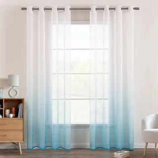 EMEMA Gardinen Transparent Vorhänge Voile Sheer Vorhang mit Ösen Farbverlauf Dekoschal Fensterschal für Schlafzimmer und Wohnzimmer 145 cm x 140 cm(H x B) 2er Set Weiß Blau