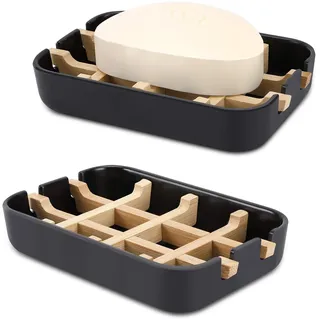 Fufengz Seifenschale aus Holz für Badezimmer, Bar, Seife, Dusche, Seife, Waschbecken, Deck, Badewanne, Duschwanne, 2 Stück, Schwarz