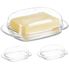 Relaxdays Butterdose, 3er Set, mit Deckel, Kunststoff, 250 g Butter, HxBxT: 6,5x18,5x12,5 cm, Butterschale, transparent