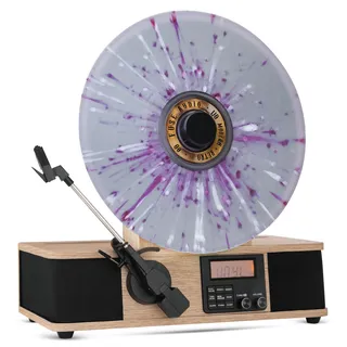 F-Lite Fuse Vertikaler Plattenspieler mit integrierter Albumcover-Halterung, moderner Vinyl-Player aus der Mitte des Jahrhunderts mit integrierten Lautsprechern und Bluetooth, FM-Radio