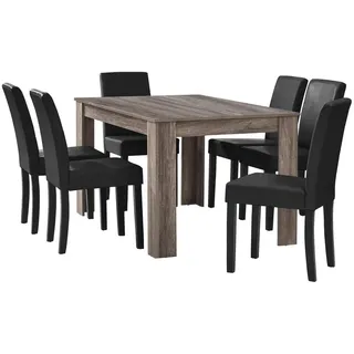 [en.casa] Esstisch Eiche antik mit 6 Stühlen schwarz Kunstleder gepolstert 140x90 Essgruppe Esszimmer -