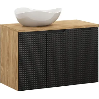 Waschtisch 90 cm in Eiche mit schwarz, LONDON-56-BLACK, mit Waschbecken - Schwarz