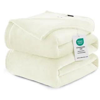 WAVVE Fleecedecke, Flanell, Mikrofaser, Sofaüberwurf, 230 x 270 cm, Weiß, Beige, Sofadecke, 2 Personen, Felldecke, groß, warm und weich, aus Plüsch, cremefarben, 270 x 230 cm