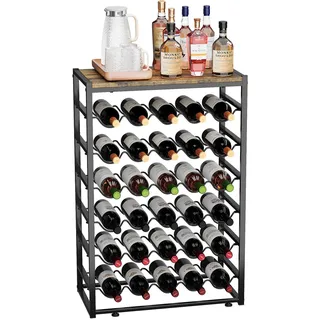 Urban Deco Weinregal für 30 Flaschen, Flaschenregal Stehend mit Holz Tischplatte, Weinregal Metall Schwarz für Küche Bar Keller Esszimmer, 59 x 30 x 89 cm