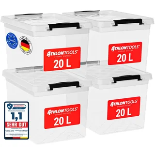 ATHLON TOOLS 4x 20 L Aufbewahrungsboxen mit Deckel, lebensmittelecht - Verschlussclips - 100% Neumaterial Plastik-Box transparent - Kleiderboxen stapelbar...