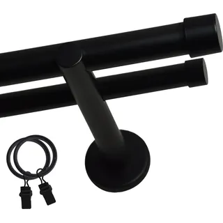 Voppi Gardinenstange Loft 2-läufig 140 cm 19+19 mm schwarz, silent Vorhangringe mit Klammern, moderne Vorhangstange, einfache Wandmontage - Schwarz