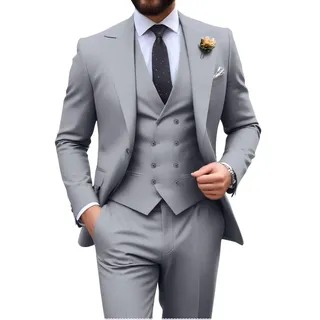 Herrenanzug, schmale Passform, 3-teilig, zweireihig, formelle Smoking-Set, lässig, Hochzeit, Abschlussball, Bräutigam, GRAU, S