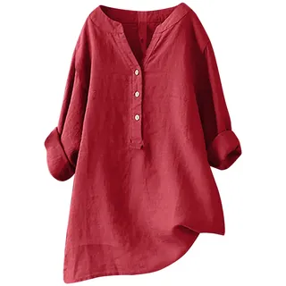 Lange Leinenbluse Damen Vintage Einfarbig Oversize Tshirt Baumwolle Leinen Bluse Sommer Tunika Shirt Langarm V-Ausschnitt T-Shirt Locker Blusenshirt Große Größen Pullover Tops Longbluse Hemd 5XL