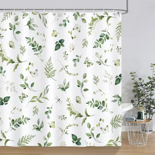 Bonhause Duschvorhang Eukalyptus Blätter Grüne Aquarell Pflanze Duschvorhänge 180 x 180 cm Anti-Schimmel Wasserdicht Polyester Stoff Waschbar Bad Vorhäng für Badzimmer mit 12 Haken