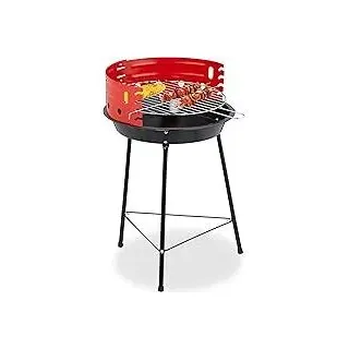 Holzkohlegrill, Ø 37 cm, Dreibein, Picknickgrill Garten & Park, Griller mit Windschutz, Rundgrill, schwarz/rot