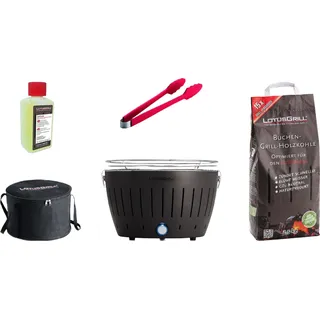 LotusGrill Starter-Set Classic 1x Grill Anthrazitgrau mit USB-Anschluß, 1x Buchenholzkohle 2,5 kg, 1x Brennpaste 200ml, 1x Würstchenzange (Farbe nach Vorrat), 1x Transport-Tragetasche - Grau