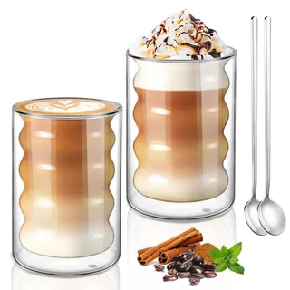 ecooe Doppelwandige Kaffeegläser 350ml Latte Macchiato Gläser 2er Set, Borosilikatglas Kaffeetassen Glas Doppelwandig Kaffeeglas Teegläser für Cappuccino, Tee, EIS, Milch, Bier