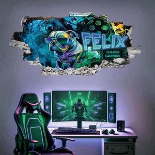 tjapalo® xp5 Gamer Wandtattoo gaming zimmer 3D Wandtattoo Kinderzimmer jungen Bild gamer Wandbild gaming Wandtattoo Gamer mit Name personalisiert Hard Gamer, Größen Name: B100xH58cm