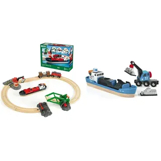 BRIO World 33061 Container Hafen Set - Mit Hafenbrücke und beweglichem Kran zum Beladen des Frachtschiffes - Geeignet für Kinder ab 3 Jahren & Bahn 33534 - Containerschiff mit Kranwagen