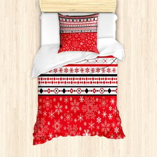 ABAKUHAUS Weihnachten Mantele, geometrische Schneeflocken, Milbensicher Allergiker geeignet mit Kissenbezügen, 135 cm x 200 cm - 80 x 80 cm, rot-Weiss