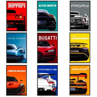 9 Stück Auto Poster SuperCar Poster Leinwand Art Prints Supersportwagen Wall Art für Jungen und Männer Rennwagen-Wandkunst für Büro, Schlafzimmer, Wohnzimmer, Garagendekoration (Unframe, 20 x 30 cm)