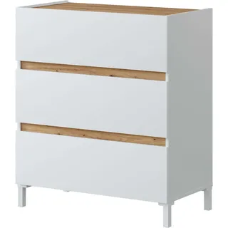 Habitdesign, Kommode mit 3 Schubladen – skandinavischer Stil in Nodi-Eiche & Artik weiß, mit Füßen, Schubladenschrank für Schlafzimmer oder Büro, Maße: 79 x 91 x 41 cm (B x H x T), Modell Tempus