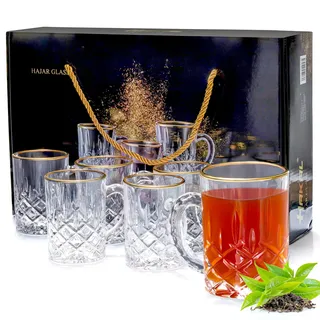 Goldene Touch| Set mit 6 Exquisiten 210-ml-Glasbechern in Geschenkbox | Perfekt für Arabische, Türkische und Marokkanische Espresso-Teetassen | Vielseitige Griffe für heiße oder kalte Getränke