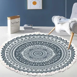 Vintage Boho Baumwolle Teppiche Mandala Muster Waschbar Handgewebte Böhmische Runder Teppich mit Quasten für Schlafzimmer Flur Wohnzimmer Couchtisch Fußmatten,Waschmaschinenfest,90CM Blumen #16