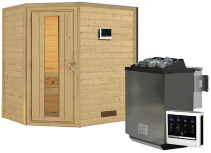 Bild von Sauna Svea - 38 mm Massivholz Aktionssauna -Ohne Dachkranz-Energiesparende Saunatür mit Glaseinsatz-9 kW Bio-Kombiofen inkl. Steuergerät inkl. gratis Zubehörpaket