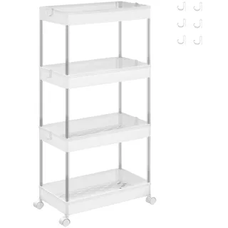 Songmics Rollwagen, Küchenwagen mit 4 Ebenen, Nischenregal, Edelstahl | Küchenregal, mit 6 Haken, 360° drehbare Räder, arretierbar, Bad, Küche, Büro, Weiß, 23,6 x 42 x 86 cm, KSC10WT
