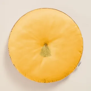 ROOM99 Allure Runde Kisse 45 cm Zierkisse Wurfkissen Dekokissen Plüschkissen Gefüllt Sofakissen für Sofa Bett Couch Pillow Wohnzimmer dekorative Velvet Samt mit Fransen Senf,1 Stück