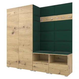 Garderobe NELA VI 200 cm Kompaktgarderobe Artisan Eiche mit Sitzpolster Flaschengrün 28 (Schrank & Paneel) - Braun, Grün
