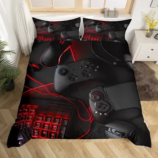 Loussiesd Schwarz Gamepad Bettwäsche 155x220cm Jungen Teenager Spiel Thema Bettbezug Set Modern Game Controller Bettwäsche Schwarz Rot Gamer Dekorativ Betten Set Polyester für Kinder Männer