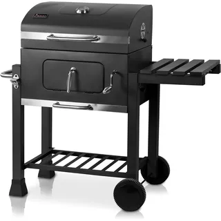 ACTIVA Holzkohlegrill Angular Guss inkl. Gusseisenrost & wetterfester Abdeckhaube I Holzkohlegrill mit Deckel, verstellbarer Kohlewanne & Thermometer I Grillwagen