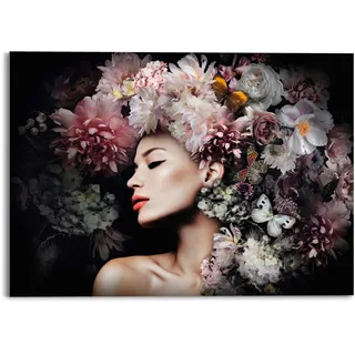 Glasbild REINDERS "Glasbild Frau mit Blumenhut Frau - Schmetterling - Strauß - Romantik", bunt (farbe bild(er): mehrfarbig), B:70cm H:50cm, Acrylglas, Bilder, Glasbild