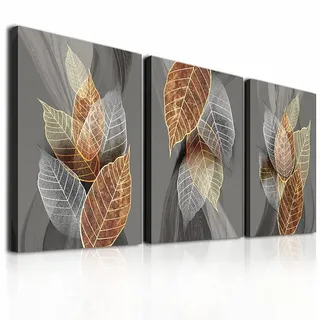 hyidecorart Bilder Blätter, Natur Golden Pflanzen Blatt Wandbild, Modern Leinwandbild für Wohnzimmer Schlafzimmer Küche Esszimmer und Büro