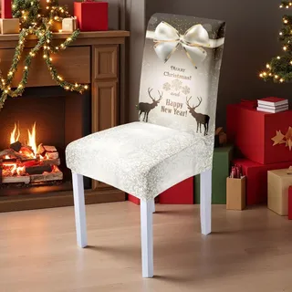 DOTBUY-SHOP Stuhlhussen Weihnachten 2/4/6/8er Set 3D Weihnachten Stretch Stuhlbezug Stuhlhussen für Esszimmerstühle Waschbarer Hussen für Stühle für Stuhldekoration Restaurant (Weiß,4er Set)