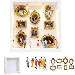 CelestiMingle DIY Mini Museum Bilderrahmen mit LED Licht, Silhouettenbox Set mit 8 Mini Goldrahmen & Figuren, 3D Erinnerungsdisplay für Hochzeit, Jubiläum, Geburtstag, Wohnzimmer Deko (Weiß) (B)