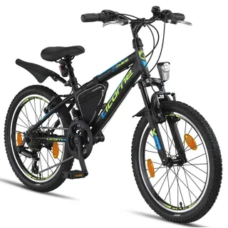 Licorne Bike Guide Premium Mountainbike in 20, 24, 26 Zoll Fahrrad für Mädchen Jungen Herren und Damen (20 Zoll, Schwarz/Blau/Lime)