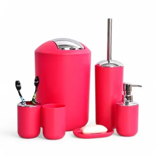 6tlg Badset Badezimmer Zubehör Set Organizer: Seifenspender, Zahnputzbecher, Kosmetikeimer, WC Bürste und Halter, Seifenschale, Mülleimer, Zahnbürstenhalter, Badgarnitur (Rot Design 2)