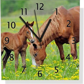 Wallario Design Wanduhr Pferde auf der Koppel aus Aluverbund, Größe 30 x 30 cm - Grün